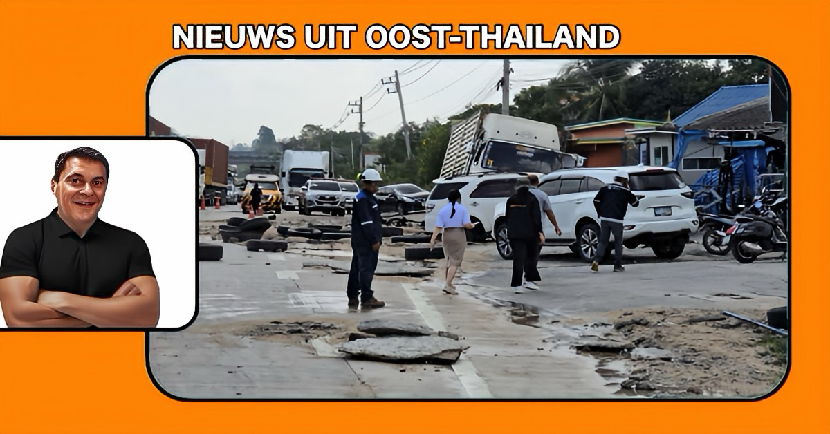 Door extreme overdruk begaf een waterleiding in Oost-Thailand het met een enorme knal, nabij gelegen bandenzaak liep grote schade op.