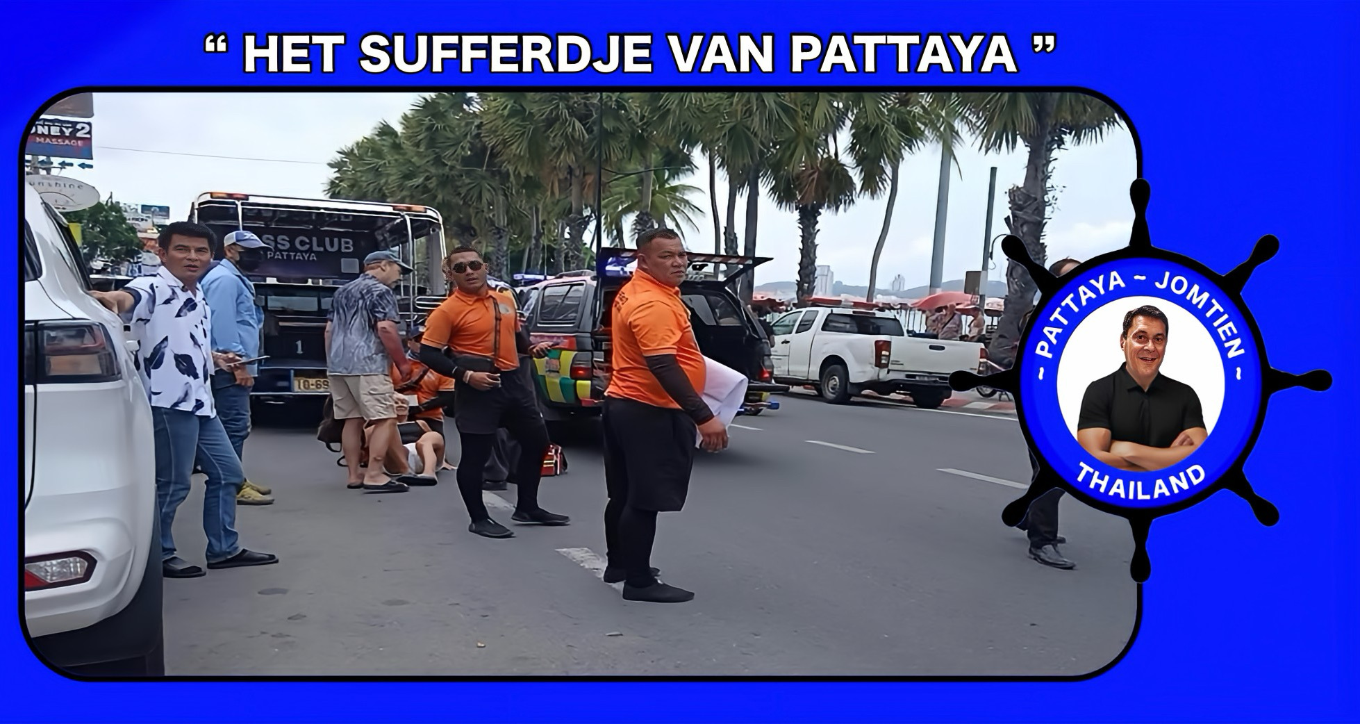 Duitse toeriste stuitert in Pattaya uit een Bahtbusje en komt lelijk te val.