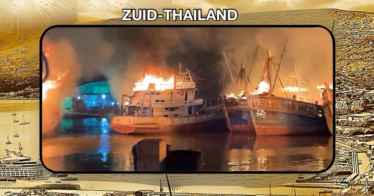 Een snel verspreidende brand op de Chao Thames-pier heeft een plaatselijke vissersvloot in Zuid-Thailand beschadigd.