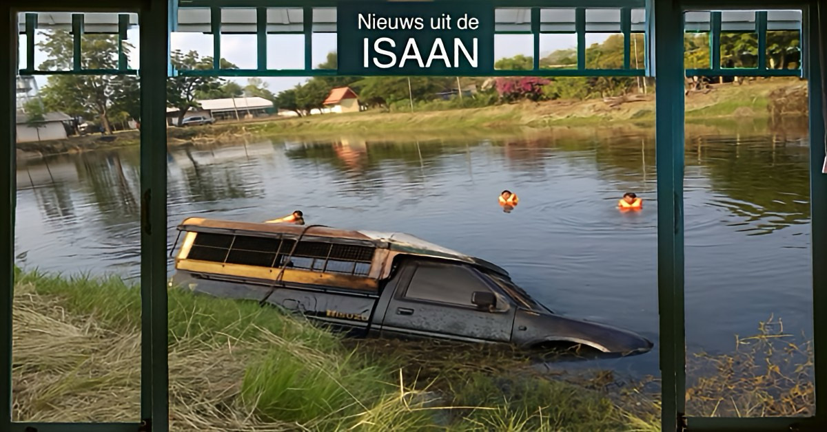 Vermiste man na maanden teruggevonden in pick-up in dorpsvijver in Noordoost-Thailand.