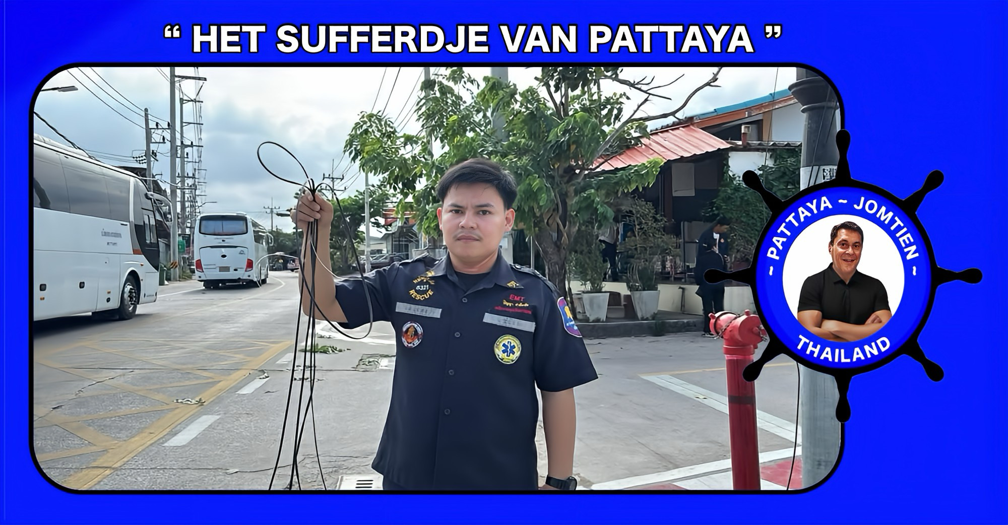 Laaghangende internetkabel werd vrijwillige reddingswerker in Pattaya bijna fataal.