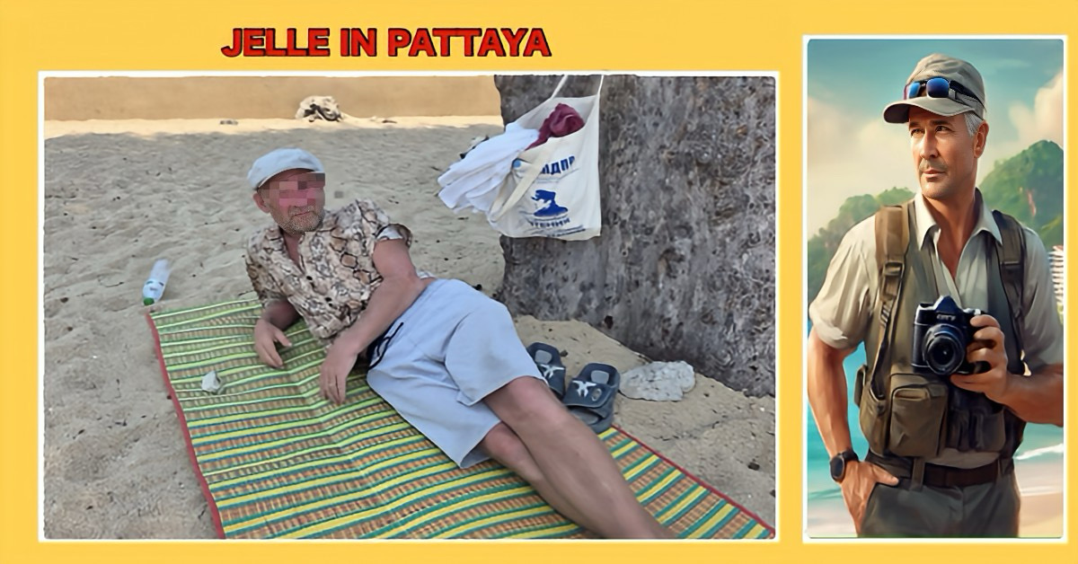 Verzwakte dakloze Russische man op het strand van Jomtien roept vragen op in Pattaya.