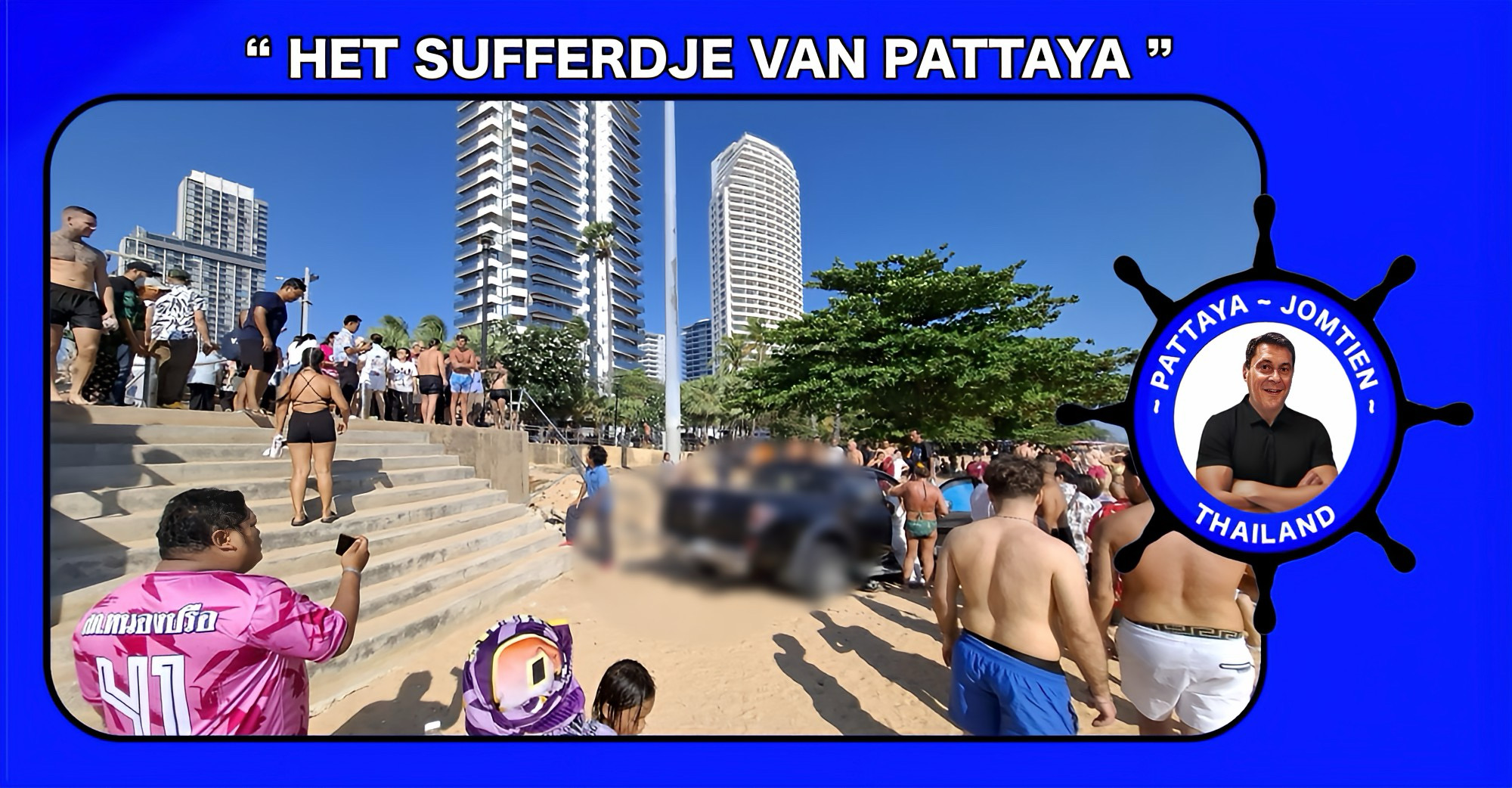 “Ongelukje” op Jomtien-strand, Zweedse bejaarde bestuurder verliest controle over het stuur van zijn auto en rijdt de boel aan gort.