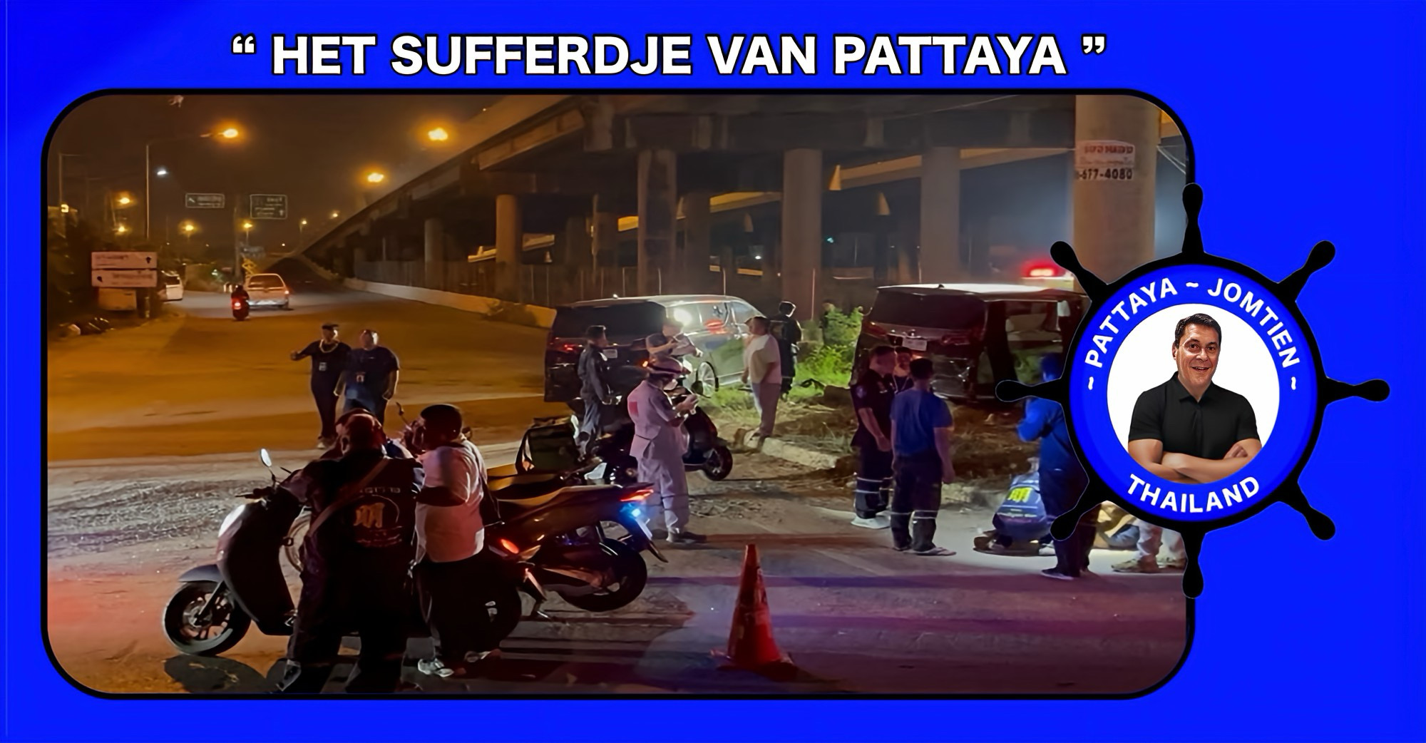 Botsing tussen Chinese bestuurders onder viaduct in Pattaya leidt tot verwondingen en brand.