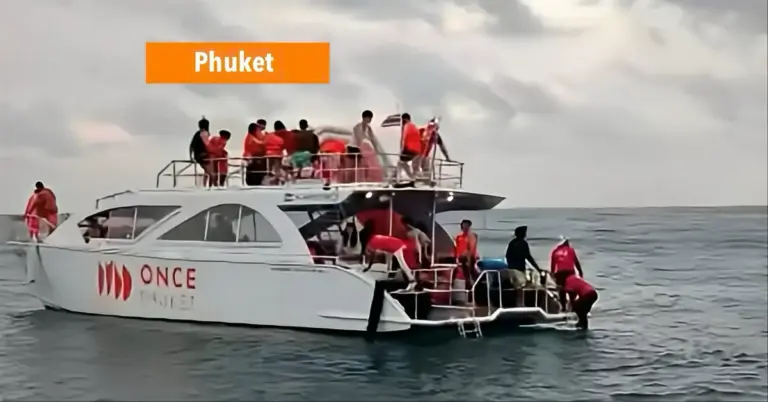 Reddingsboot Phuket helpt gewonde Chinese toerist van het in de Andaman zee gelegen eiland Maiton.