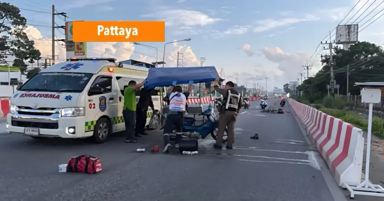 Een buitenlander die met een saleng over de Sukhumvit Road van Pattaya reed, lette even niet op en knalde achterop een fietser.