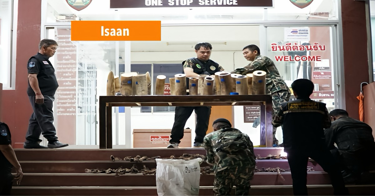 Politie neemt meer dan 130 kg ivoor en 29 kg dierlijke resten in Noordoost-Thailand in beslag.