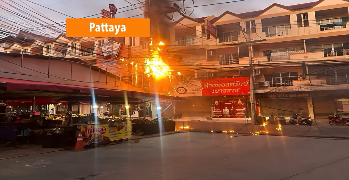 Paniek in Pattaya: kabels boven Soi 3 vlammen uit, winkels en appartementen ternauwernood gered.
