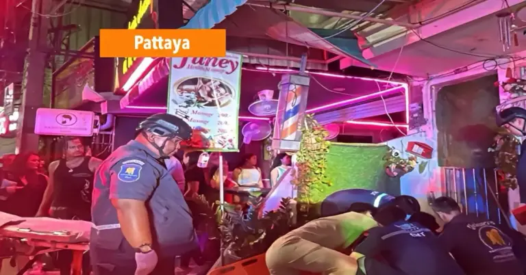 Vrouw valt van derde verdieping boven pas geopende bar in het centrum van Pattaya.