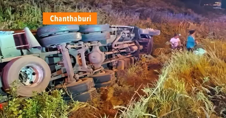 Vrachtwagen kantelt in Oost-Thailand na botsing met een wilde olifant; chauffeur met moeite uit de vrachtwagen bevrijd.