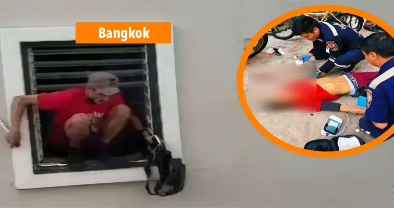 Myanmarese man test in Bangkok zijn vliegeigenschappen, maar maakt harde landing.