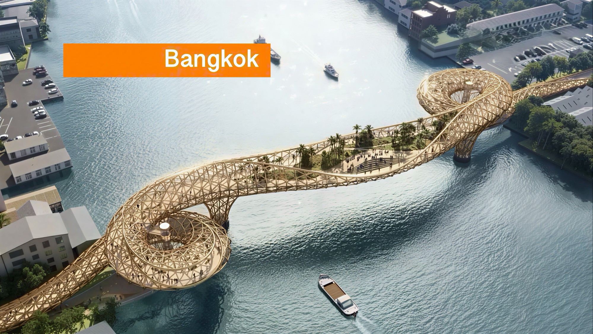 Futuristische brug voor voetgangers en fietsers over de Chao Phraya moet de wijken Songwat en Khlong San in de hoofdstad van Thailand verbinden.