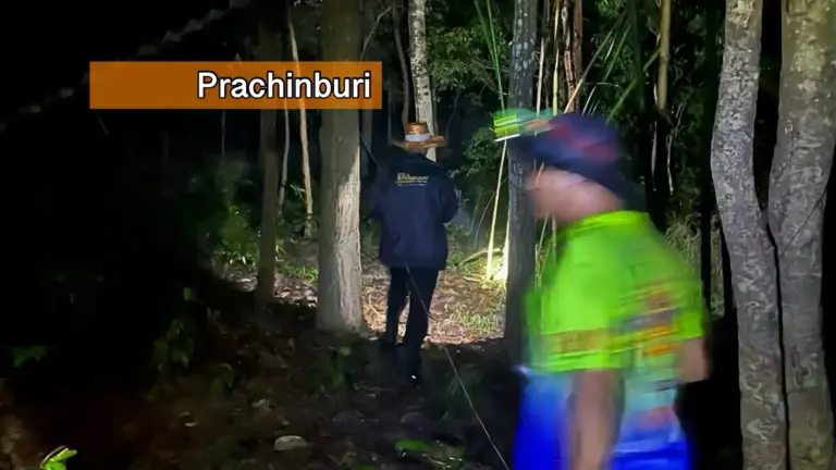 Meer dan honderd hulpverleners zoeken in Oost-Thailand naar een vermiste vrouw die naakt het bos in rende. 