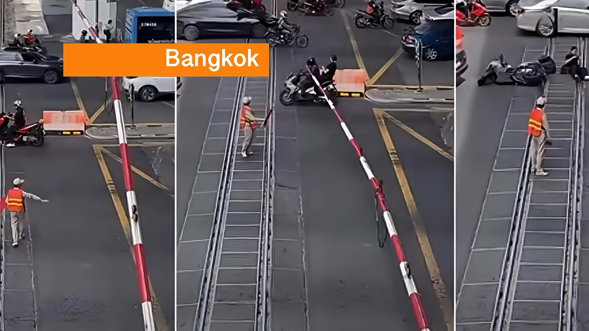 🎥 | Zullen ze het ooit leren in Thailand, motorrijder rijdt in Bangkok door de slagboom en komt ten val.