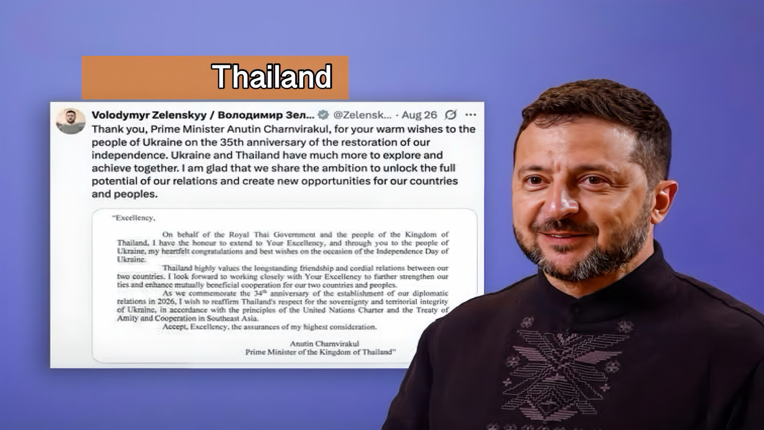 Thailand herbevestigt steun aan Oekraïense soevereiniteit.