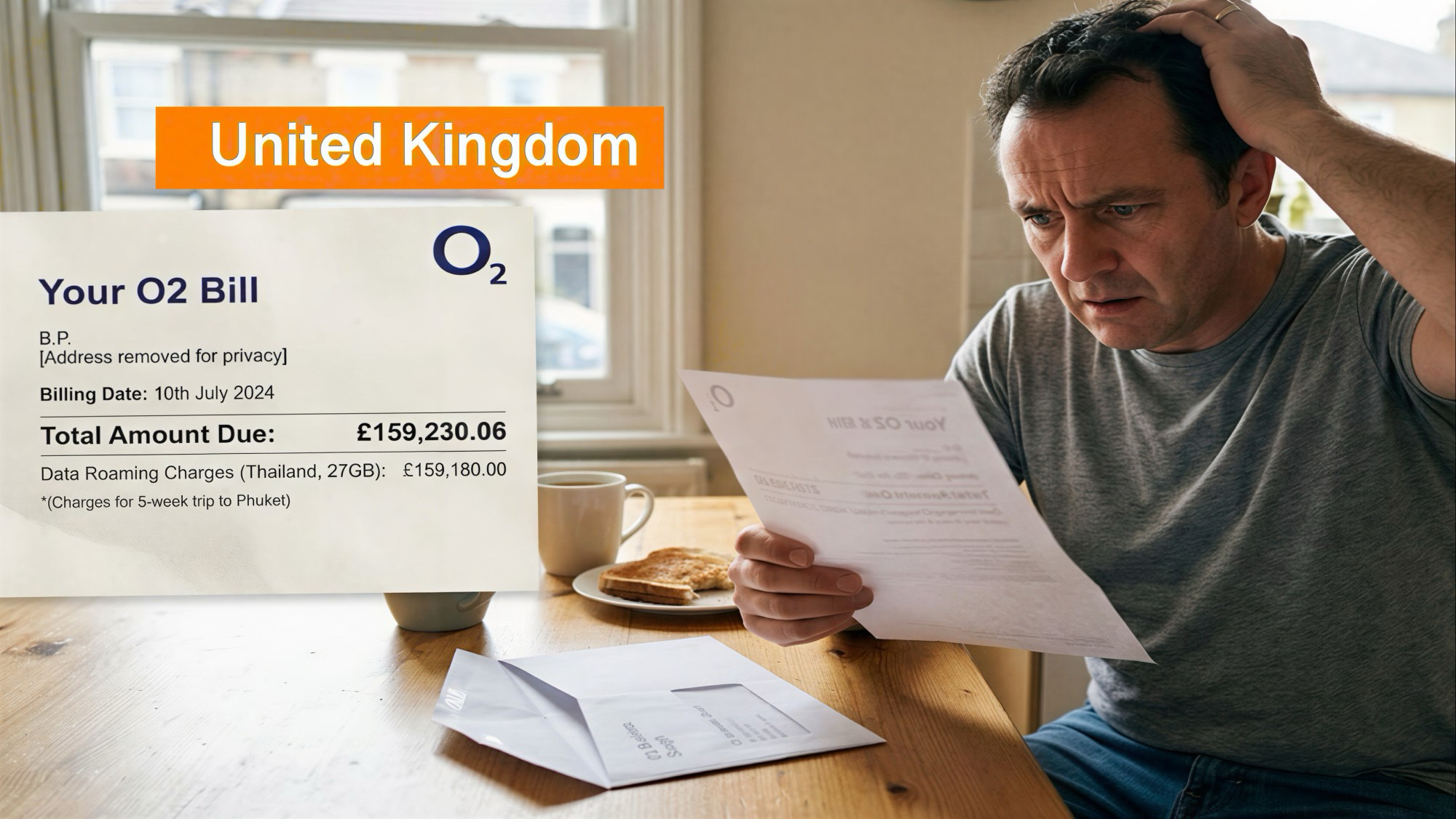 Oopsie Daisy, Britse man vindt telefoonrekening van € 186.000 na een vakantie in Thailand op de mat.