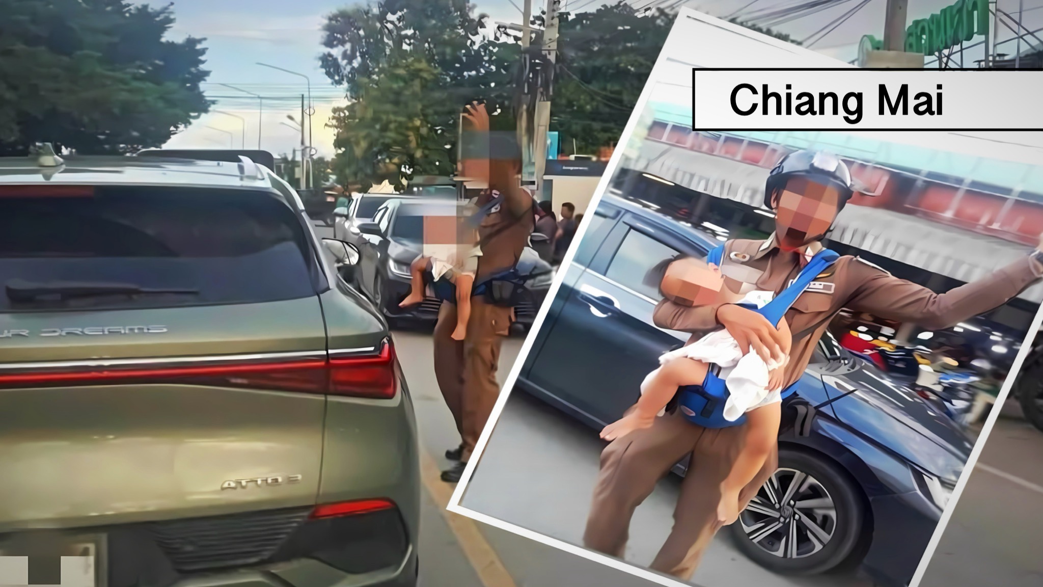 Pappadag in Thailand: verkeersvrijwilliger met baby in draagzak houdt verkeer aan de gang.
