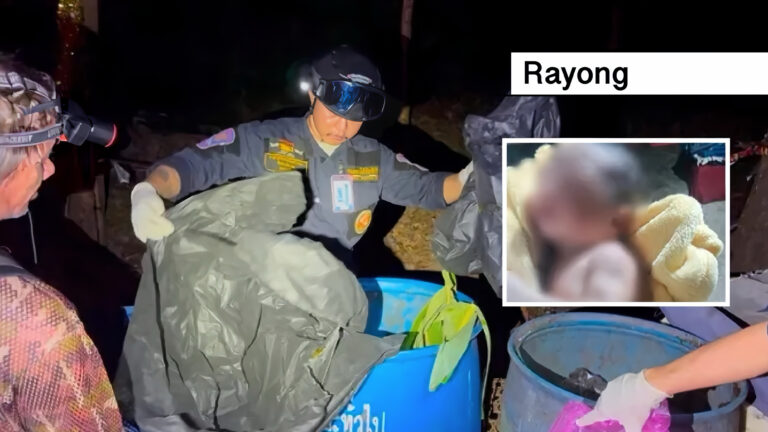 Pasgeboren jongetje als levenloos in Oost-Thailand in een afvalbak gegooid, maar wel degelijk nog te leven.