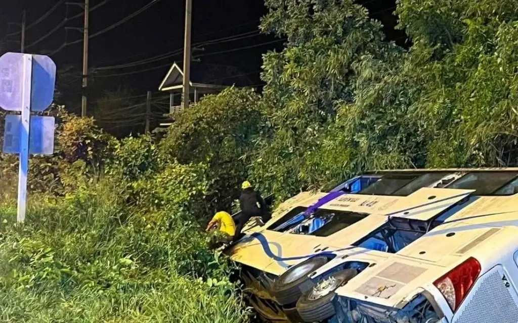 Overturned bus beside roadside vegetation at night; people inspect the crash.