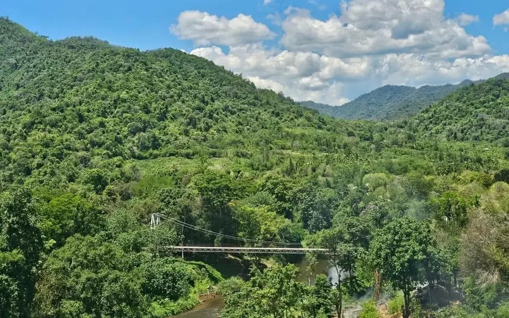 A bridge crossing a river in a lush mountain forest landscape.
