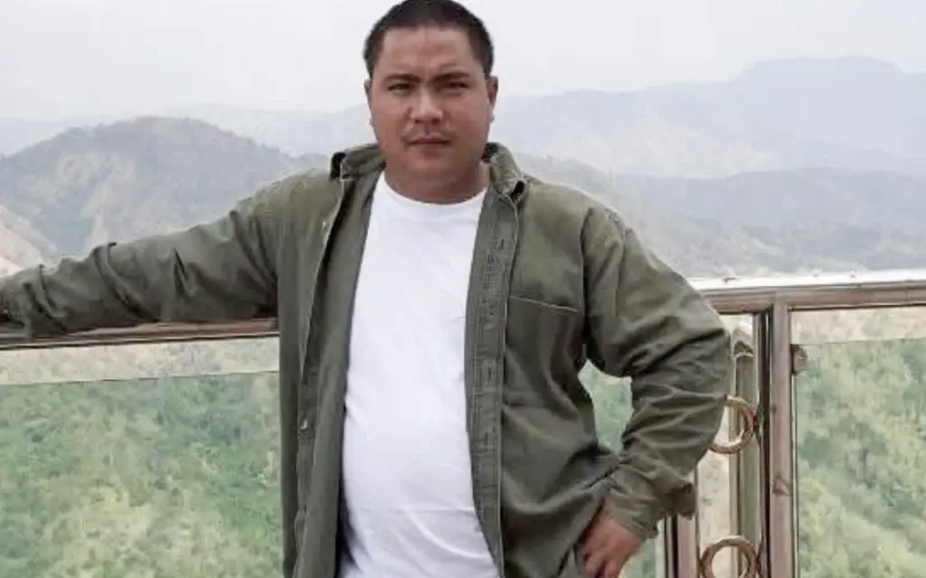 A man poses by a railing with mountains in the background.